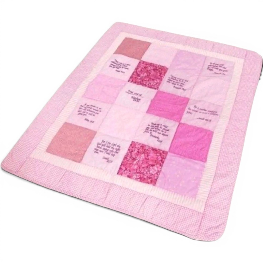 Comfort in the Word Pink Gingham Scripture Baby Quilt 40"x47" Cotton Bible Verse